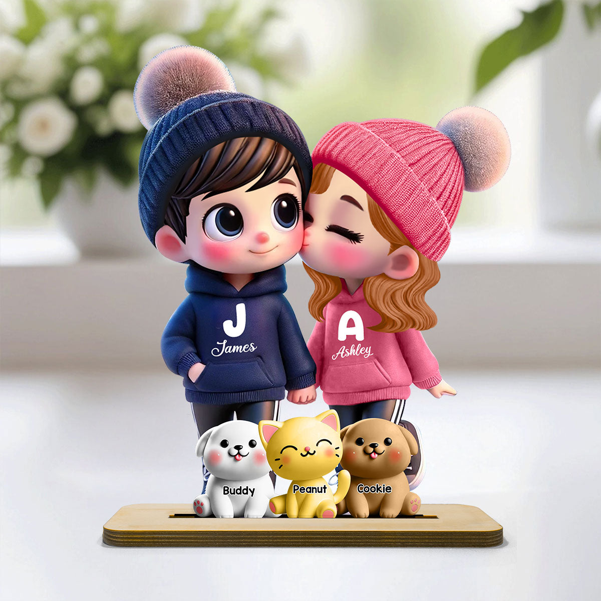 3D Cute Cartoon Couple You Me And The Dog Cat Personalized Standing Wooden Plaque, Valentine's Day Gift for Him, Gift for Her