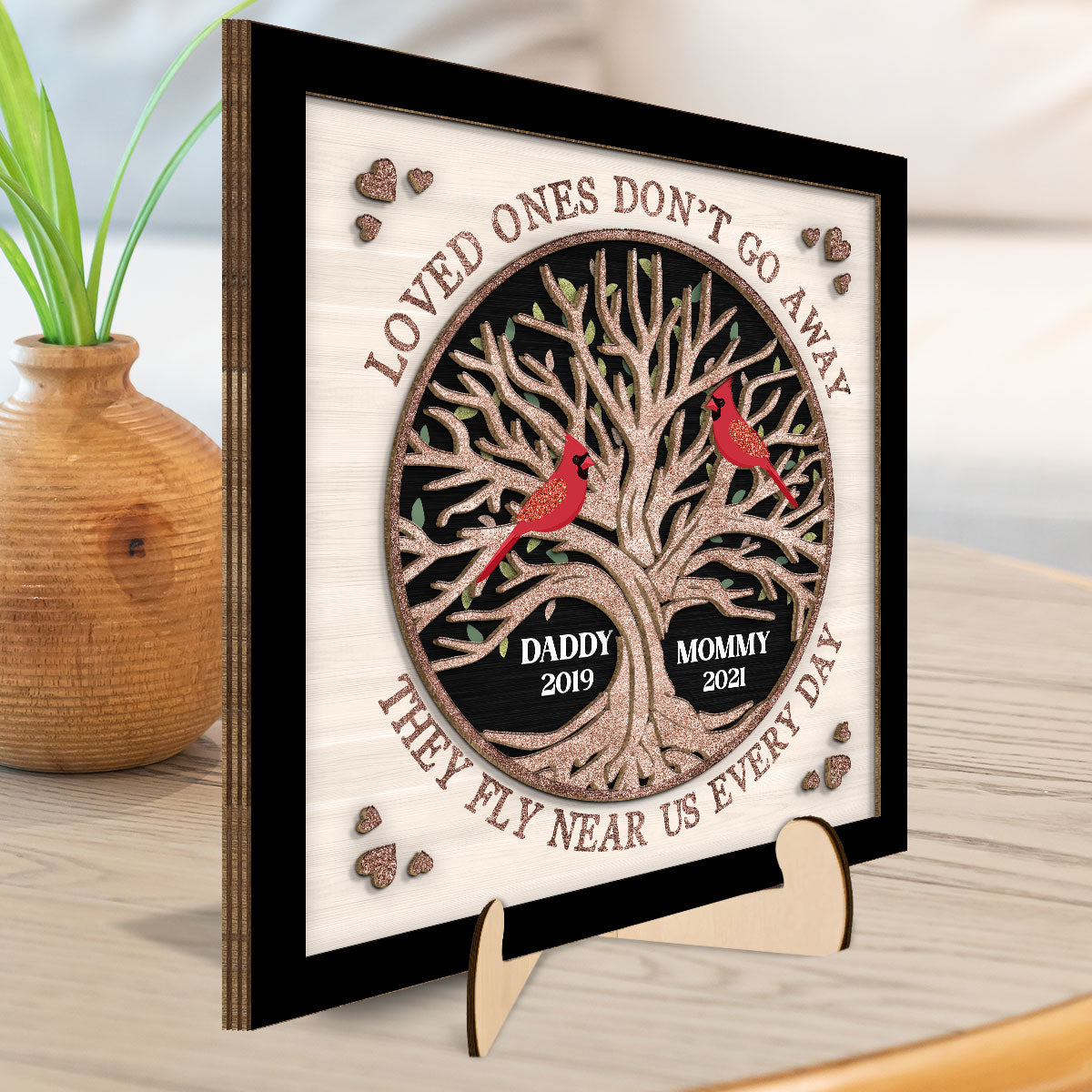 Memorial Cardinals Glitter Tree Personalized 2-layer Wooden Plaque