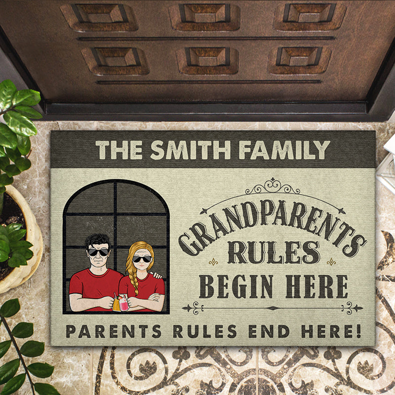 Family Old Couple Grandparents Rules Begin Here - Couple Gift - Personalized Custom Doormat