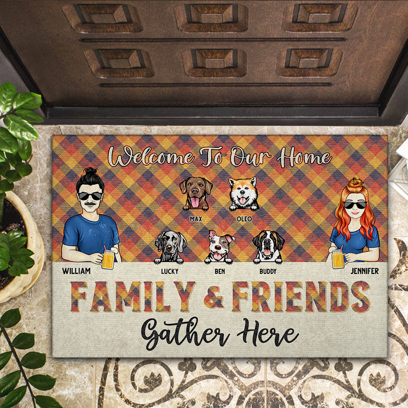 Family & Friends Gather Here Dog Lovers - Gift For Couples - Personalized Custom Doormat