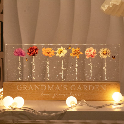 Grandma‘s Garden Birth Month Flowers Personalized Acrylic Block LED Night Light, Mother's Day Gift For Grandma, Mom, Auntie, Sister