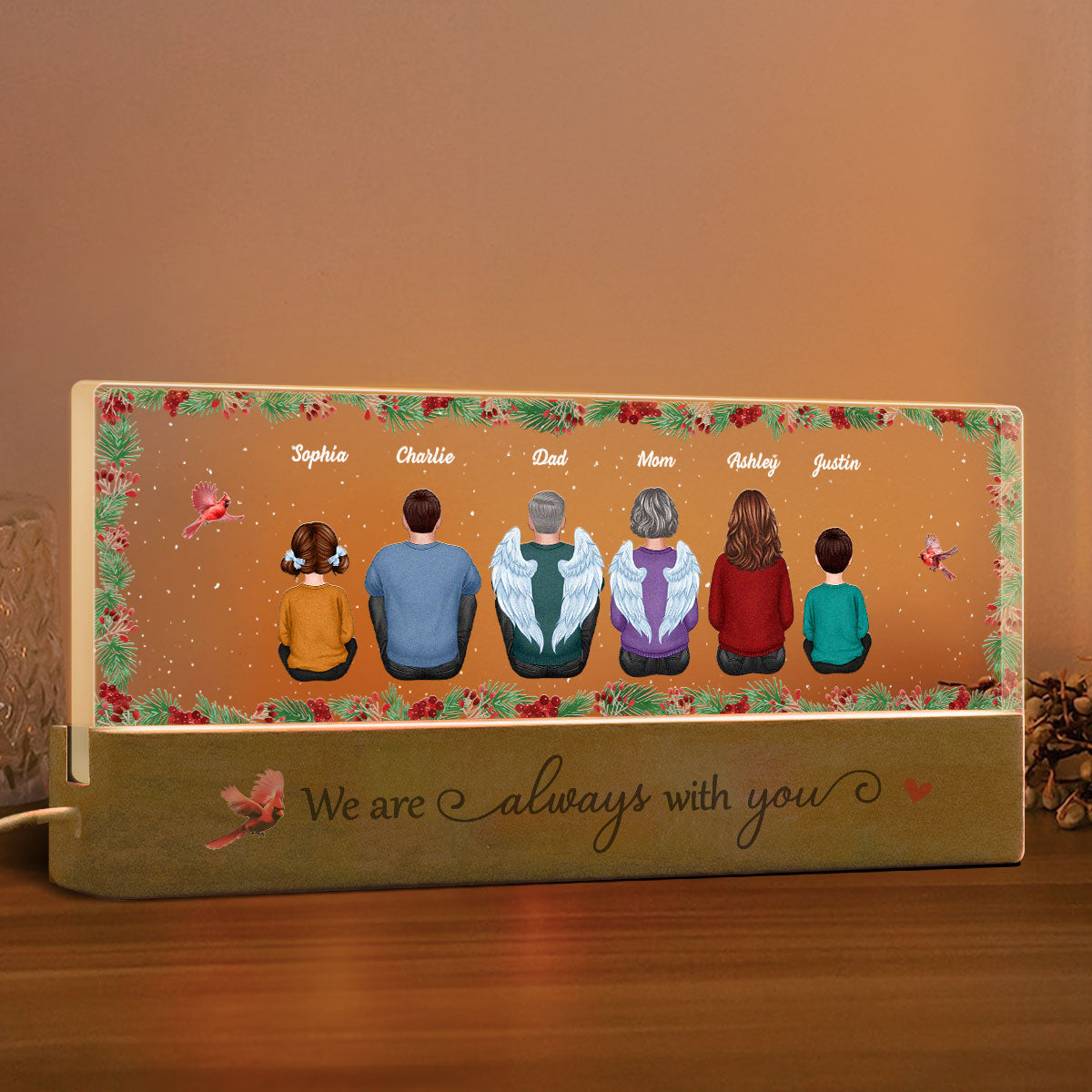 Holly Branch Family Memorial Personalized LED Night Light, Sympathy Gift For Loved Ones