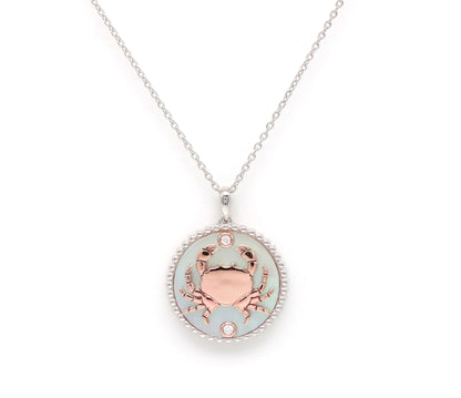 14K Two-toned Gold White Mother of Pearl & Diamond Cancer Horoscope Medallion