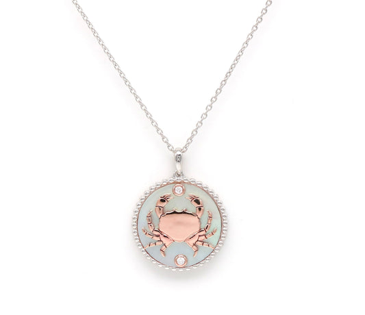 14K Two-toned Gold White Mother of Pearl & Diamond Cancer Horoscope Medallion