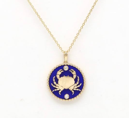 14K Gold Lapis & Diamond Cancer Horoscope Medallion