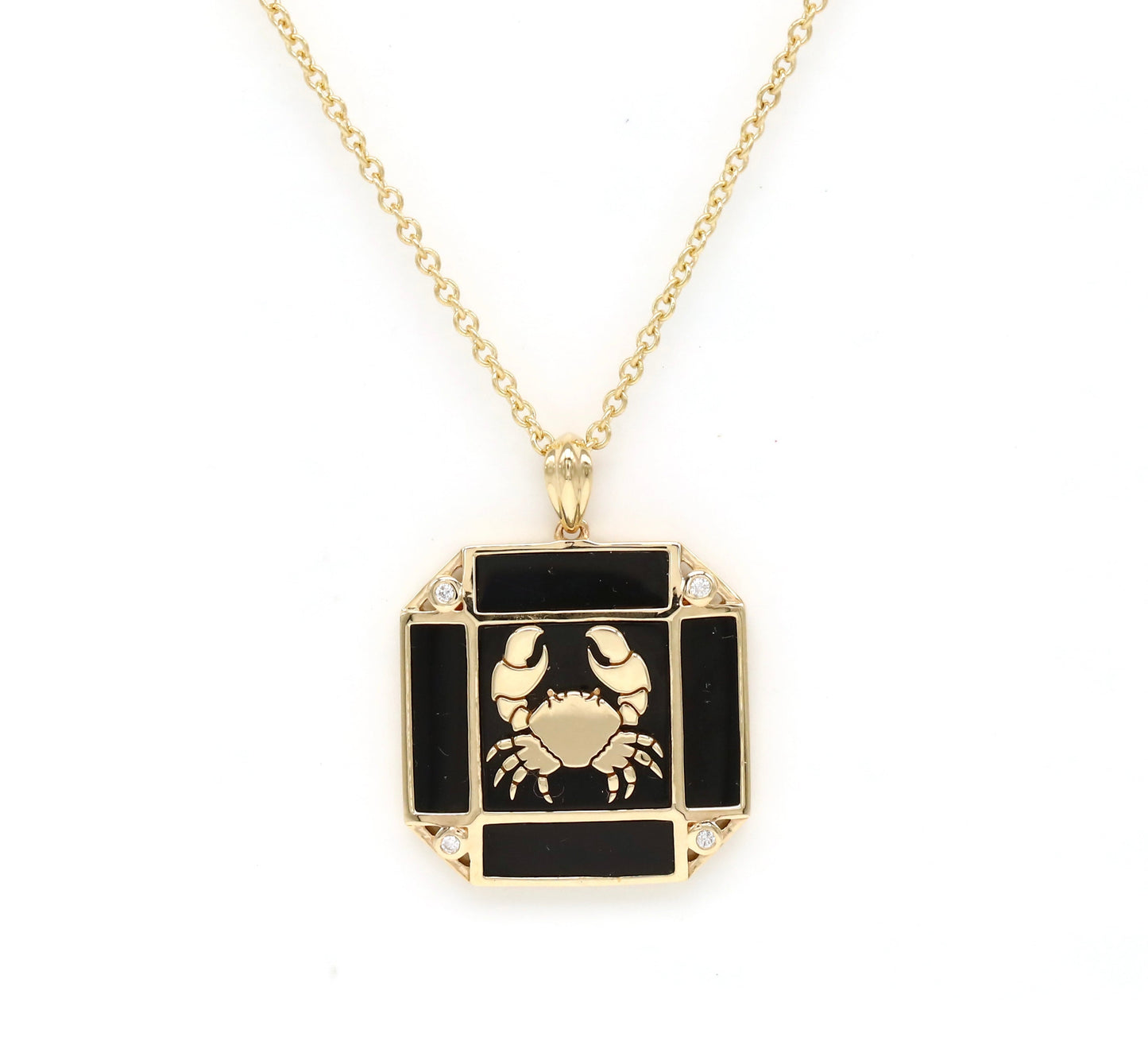 14K Gold Onyx & Diamond Cancer Horoscope Square Pendant Necklace