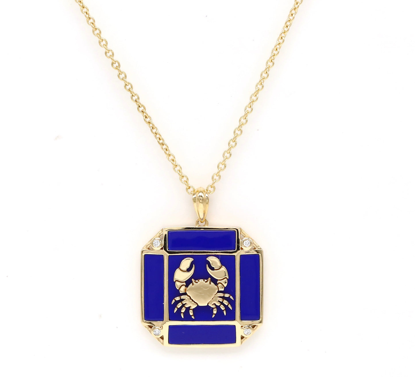 14K Gold Lapis & Diamond Cancer Horoscope Square Pendant Necklace