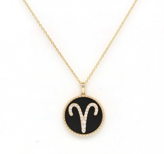 14K Gold Onyx & Diamond Aries Zodiac Medallion