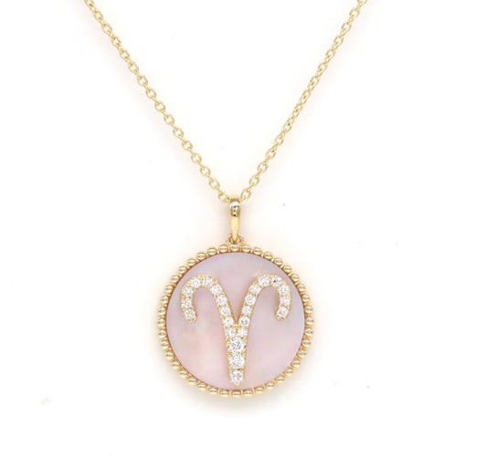 14K Gold Pink Mother of Pearl & Diamond Aries Zodiac Medallion