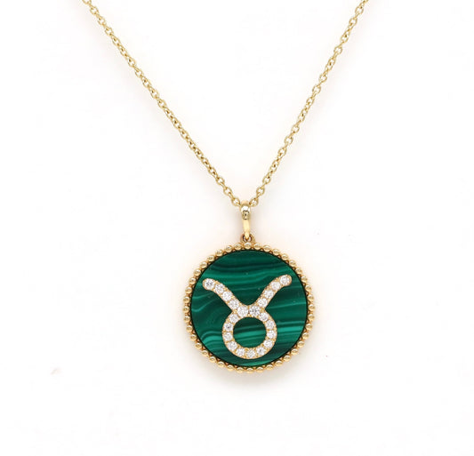 14K Gold Malachite & Diamond Taurus Zodiac Medallion