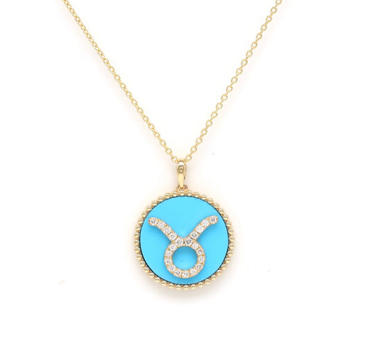 14K Gold Turquoise & Diamond Taurus Zodiac Medallion