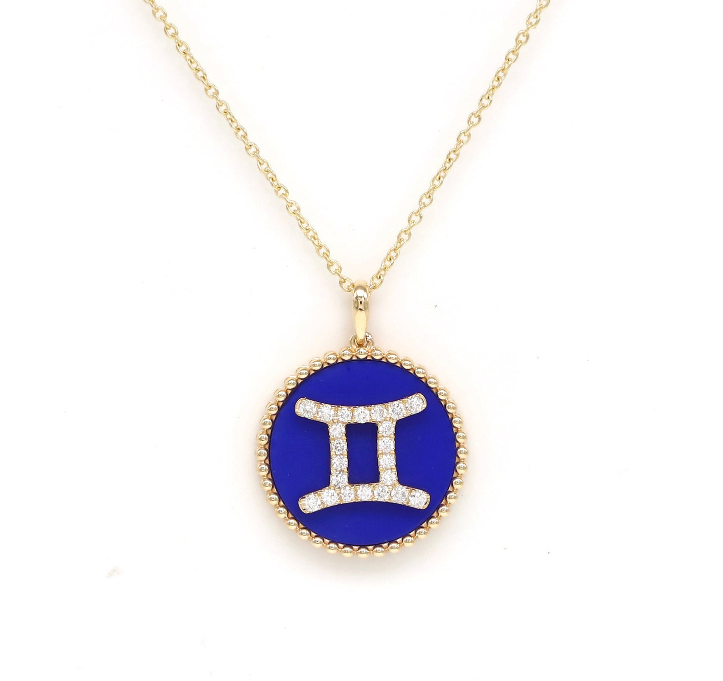 14K Gold Lapis & Diamond Gemini Zodiac Medallion