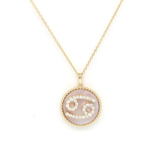 14K Gold Pink Mother of Pearl & Diamond Cancer Zodiac Medallion