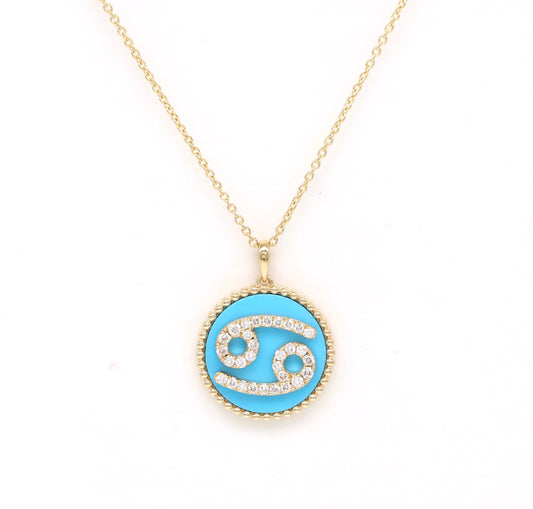 14K Gold Turquoise & Diamond Cancer Zodiac Medallion