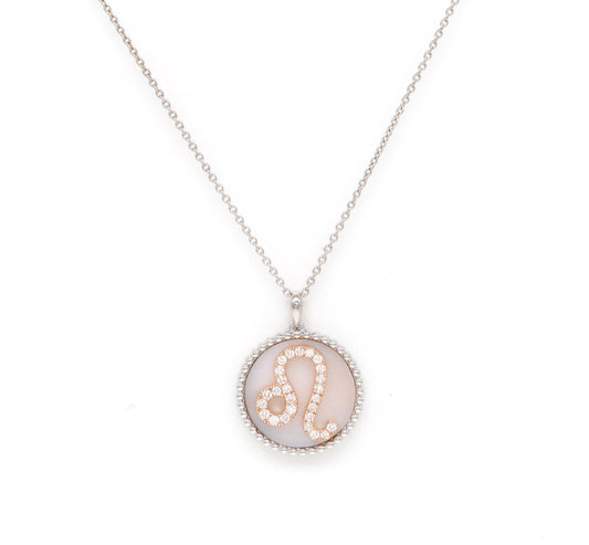 14K Gold Pink Mother of Pearl & Diamond Leo Zodiac Medallion