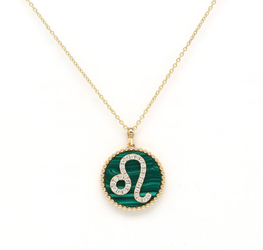 14K Gold Malachite & Diamond Leo Zodiac Medallion