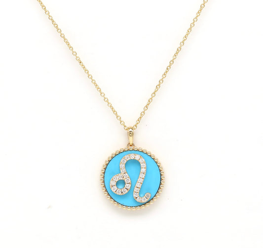 14K Gold Turquoise & Diamond Leo Zodiac Medallion