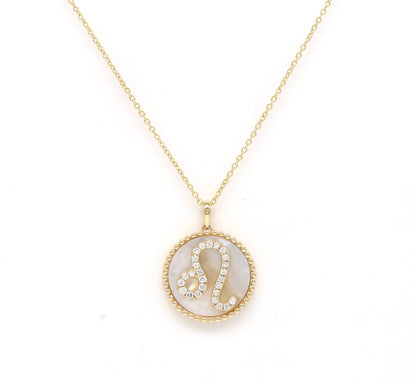 14K Gold White Mother of Pearl & Diamond Leo Zodiac Medallion