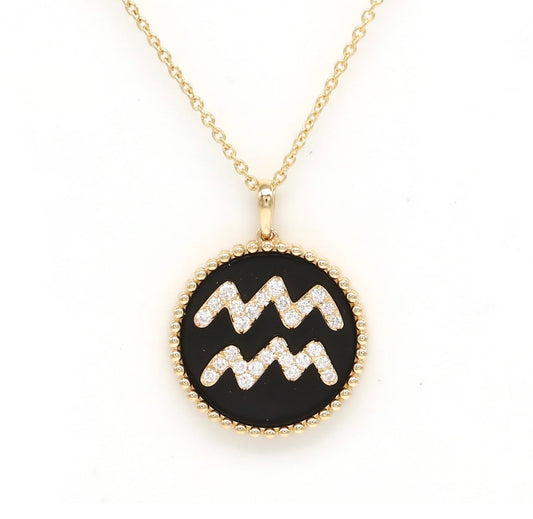 14K Gold Onyx & Diamond Aquarius Zodiac Medallion