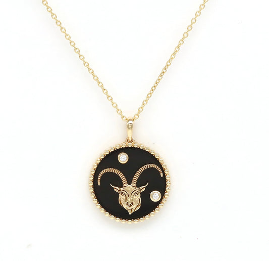 14K Gold Onyx & Diamond Capricorn Horoscope Medallion