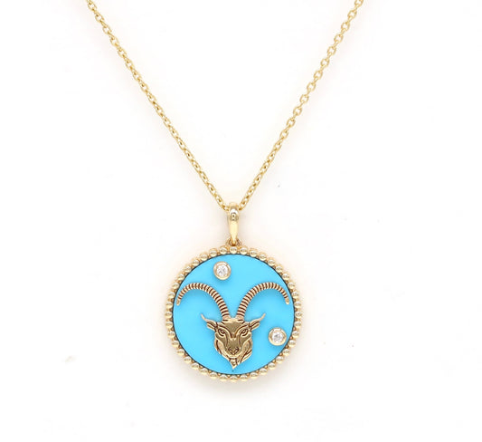 14K Gold Turquoise & Diamond Capricorn Horoscope Medallion