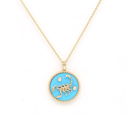 14K Gold Turquoise & Diamond Scorpio Horoscope Medallion