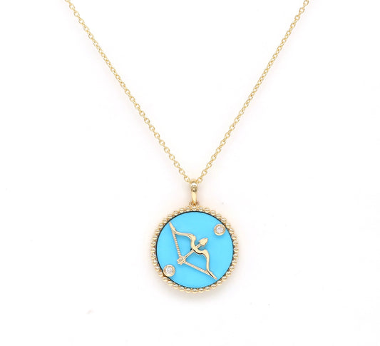 14K Gold Turquoise & Diamond Sagittarius Horoscope Medallion