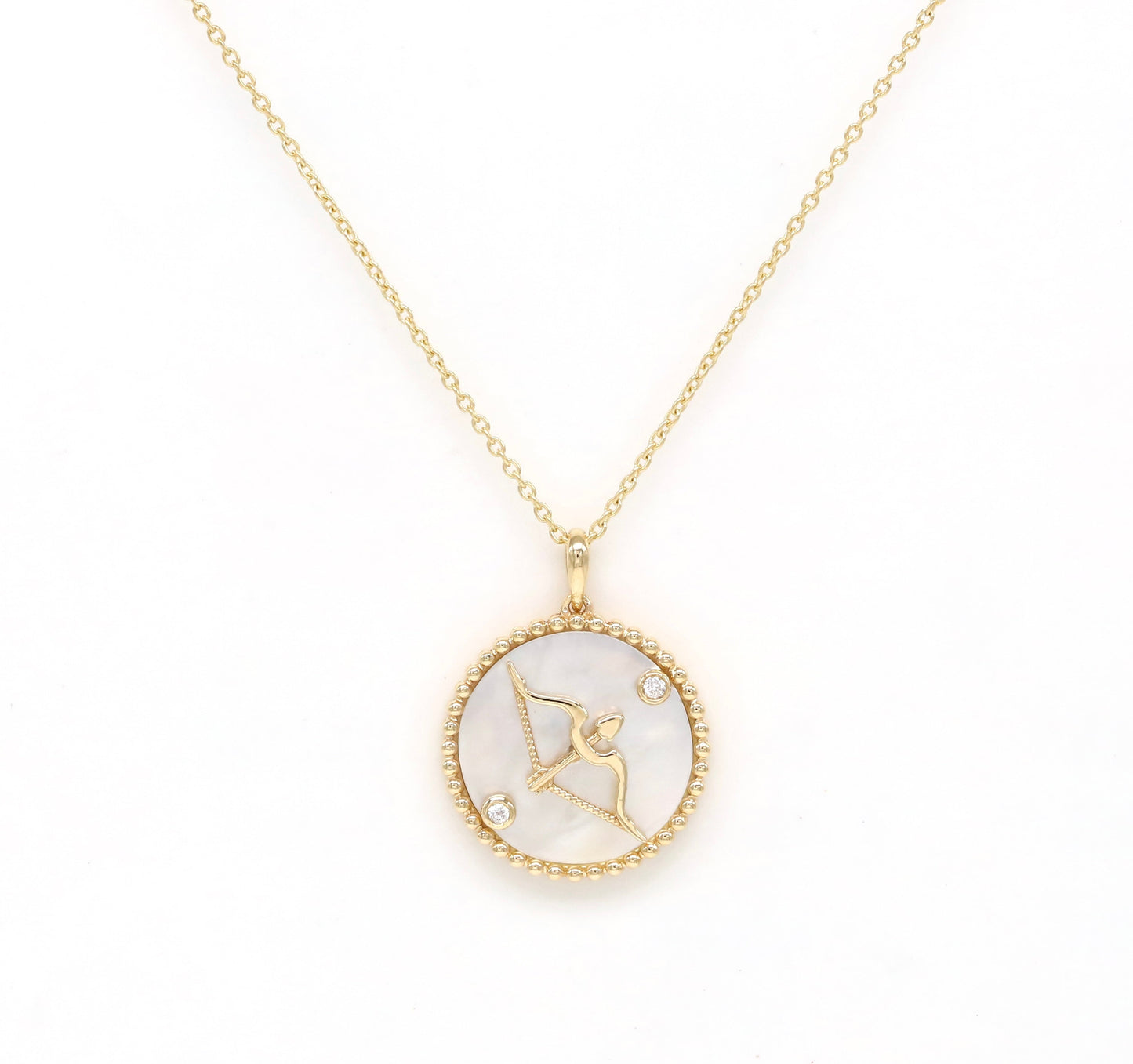 14K Gold White Mother of Pearl & Diamond Sagittarius Horoscope Medallion