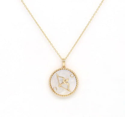 14K Gold White Mother of Pearl & Diamond Sagittarius Horoscope Medallion