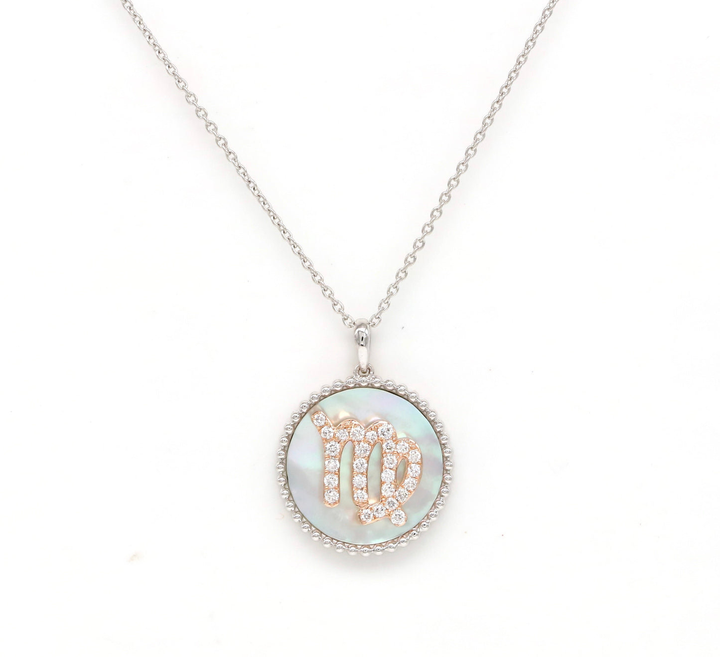 14K Gold White Mother of pearl & Diamond Virgo Zodiac Medallion