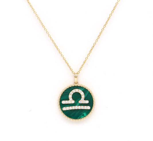 14K Gold Malachite & Diamond Libra Zodiac Medallion