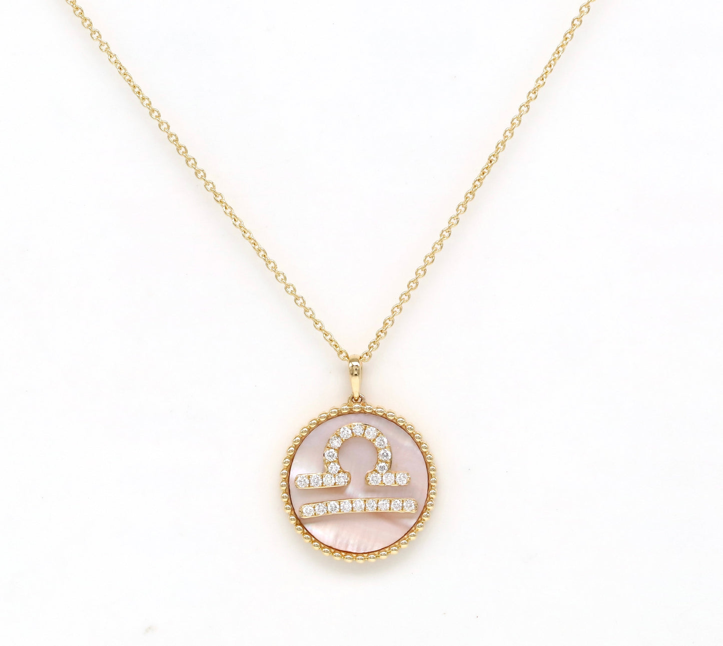 14K Gold Pink Mother of Pearl & Diamond Libra Zodiac Medallion