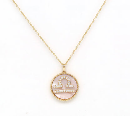 14K Gold Pink Mother of Pearl & Diamond Libra Zodiac Medallion