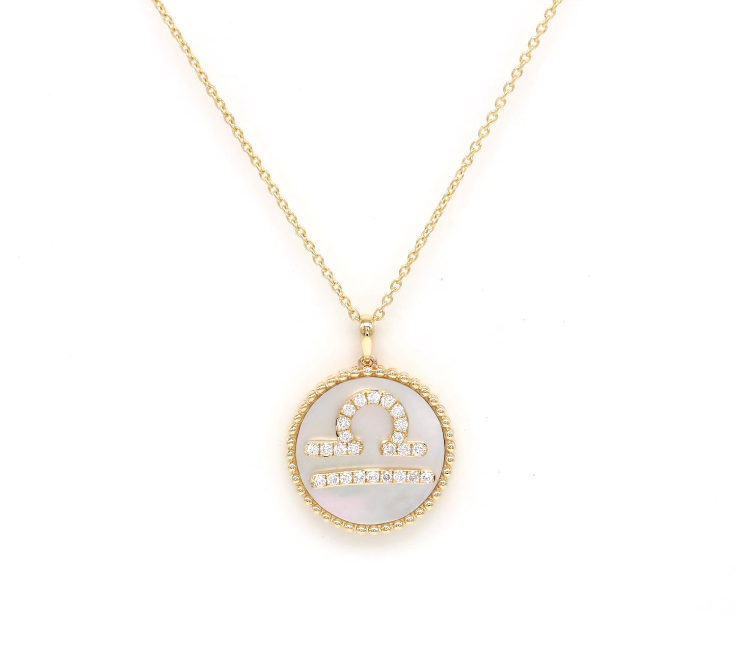 14K Gold White Mother of Pearl & Diamond Libra Zodiac Medallion