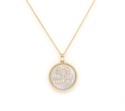 14K Gold White Mother of Pearl & Diamond Libra Zodiac Medallion