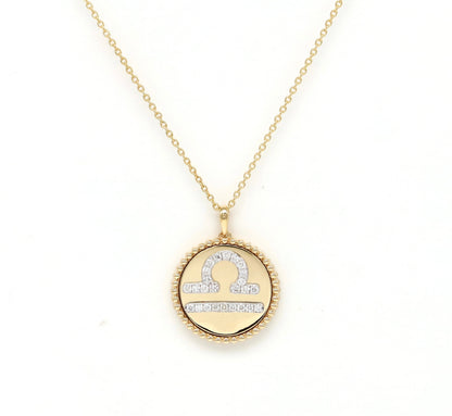 14K Gold Diamond Libra Zodiac Medallion