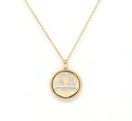 14K Gold Diamond Libra Zodiac Medallion