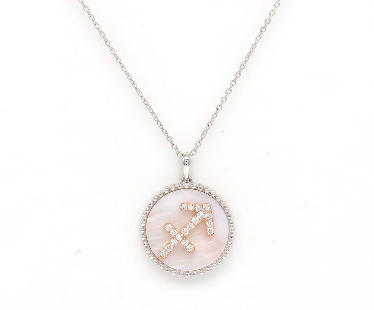 14K Gold Pink Mother of Pearl & Diamond Sagittarius Zodiac Medallion