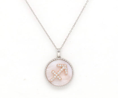 14K Gold Pink Mother of Pearl & Diamond Sagittarius Zodiac Medallion