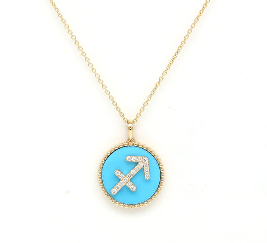 14K Gold Turquoise & Diamond Sagittarius Zodiac Medallion