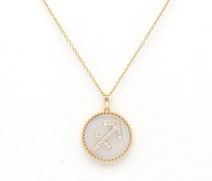 14K Gold White Mother of Pearl & Diamond Sagittarius Zodiac Medallion