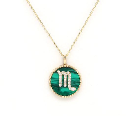 14K Gold Malachite & Diamond Scorpio Zodiac Medallion