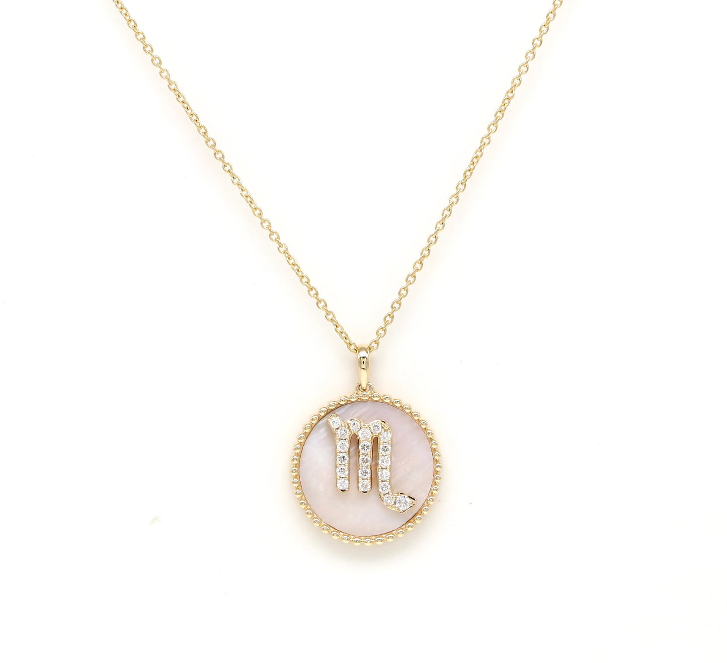 14K Gold Pink Mother of pearl & Diamond Scorpio Zodiac Medallion