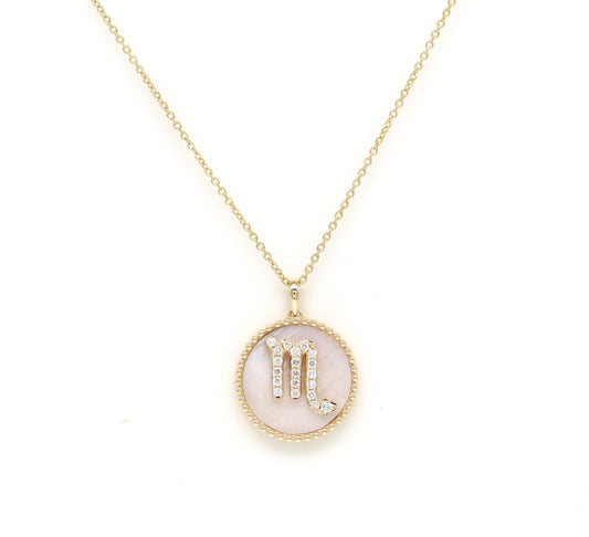 14K Gold Pink Mother of pearl & Diamond Scorpio Zodiac Medallion