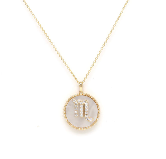 14K Gold White Mother of Pearl & Diamond Scorpio Zodiac Medallion