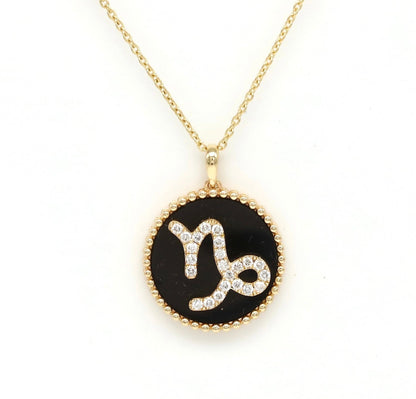 14K Gold Onyx & Diamond Capricorn Zodiac Medallion