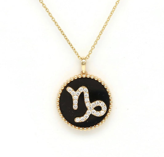 14K Gold Onyx & Diamond Capricorn Zodiac Medallion