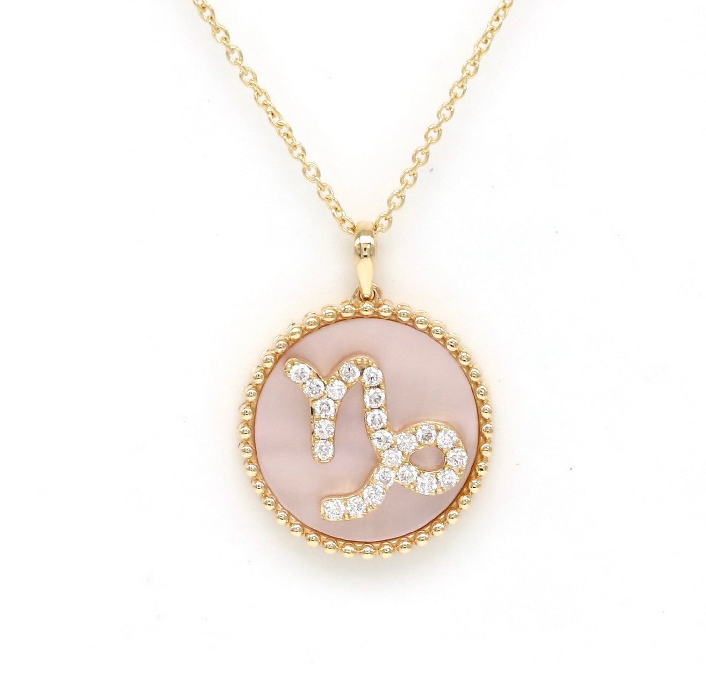 14K Gold Pink Mother of Pearl & Diamond Capricorn Zodiac Medallion