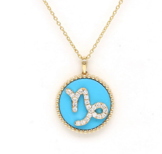 14K Gold Turquoise & Diamond Capricorn Zodiac Medallion