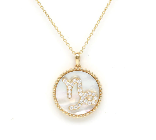 14K Gold White Mother of Pearl & Diamond Capricorn Zodiac Medallion